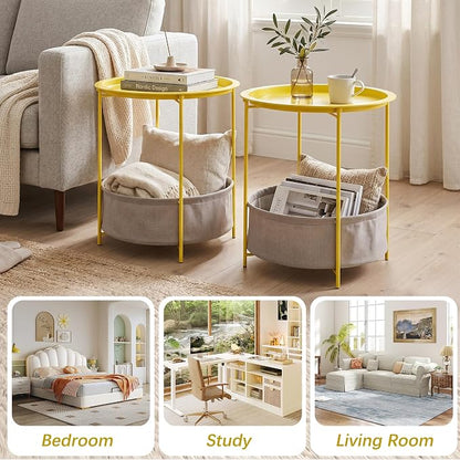 VECELO Round Side/End Table with Fabric Storage Basket，Metal Anti-Rust and Waterproof Small Bedside Nightstand with Removable Tray Top for Living Room，Balcony & Laundry，Yellow /1pcs with Basket