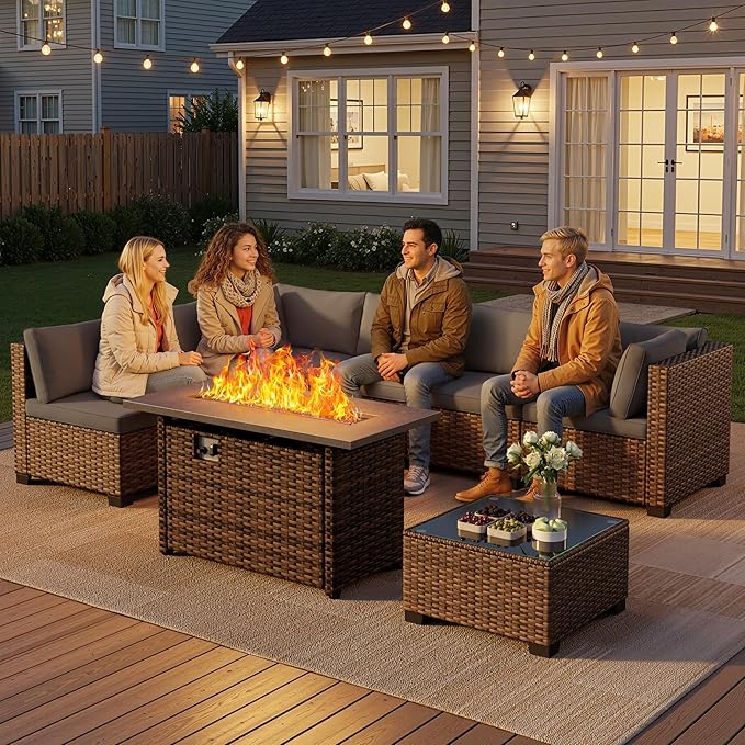 8 Pieces Outdoor Patio Furniture Set with 44.9" Fire Pit Table, All-Weather Wicker Outdoor Patio Sectional Set with Coffee Table, for Garden Backyard