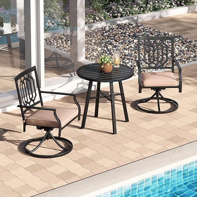 PHI VILLA 3 Piece Outdoor Bistro Set for 2, Metal Steel Round Table & Swivel Wrought Iron Chairs with Cushions, Small Furniture Conversation Set for Patio, Porch, Deck, Balcony