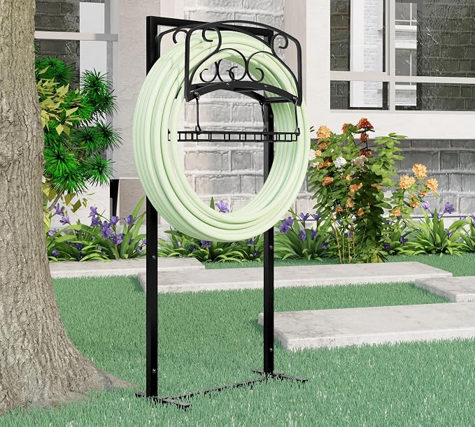 Kingson Portable Garden Hose Holder with Storage Basket - Heavy-Duty Freestanding Steel Stand, Holds 150FT Hose, Black Powder-Coated Finish, Detachable & Space-Saving Design with Tools
