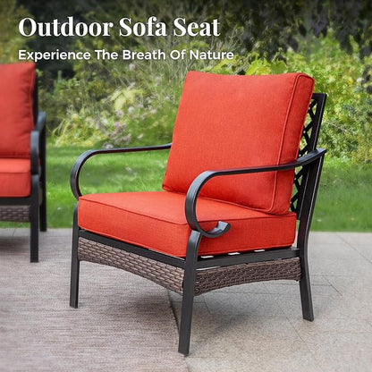 Patio Furniture Set with Firepit Table, Black Frame Outdoor Conversation Set with 2 x Fixed Chairs, 1 x 3-Seat Sofa for Lawn Garden Backyard, Red