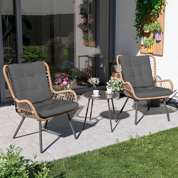 LAUSAINT HOME 3 Piece Outdoor Bistro Set, Small Patio Furniture Set with Coffee Table and Thick Cushions, Front Porch Furniture for Lawn, Garden, Balcony, Poolside, Black