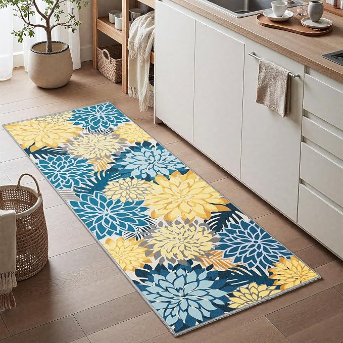 Colorful 2x6 Washable Runner Rug for Hallway Tropical Botanical Modern Floral Chenille Kitchen Rugs Low Pile Non Slip Carpet for Patio, Bedroom, Laundry, Ocean Dahlia