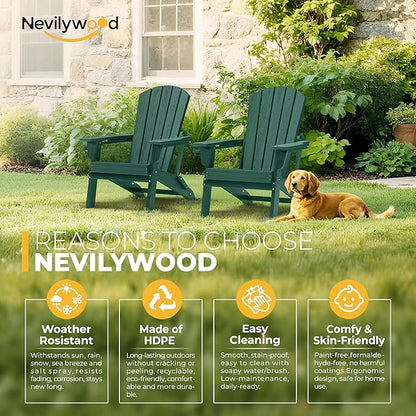 nevilywood Folding Adirondack Chair with Cup Holder Set of 4, HDPE Patio Chairs,All-Weather Outdoor Chairs for Backyard, Deck,Fire Pit-Green