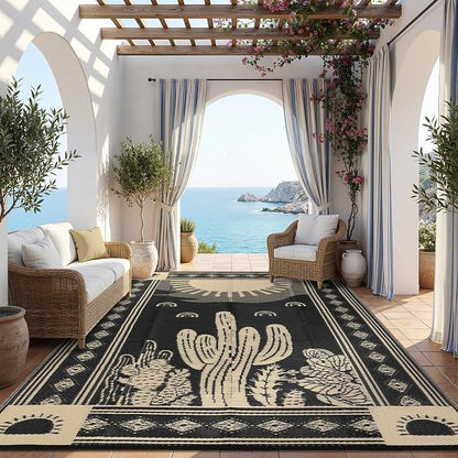 Garvee Waterproof Outdoor Rug 5x8, Cactus Botanical Outdoor Plastic Straw Rug for Camping, Reversible RV Mat Outside, Indoor Outdoor Carpet for Porch, Deck, Backyard, Balcony, Picnic, Black & Brown