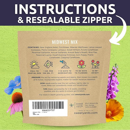 Midwest Regional Mix - Large 1 Ounce Packet - 15,000 Flower Seeds for Planting - Wildflower Mix