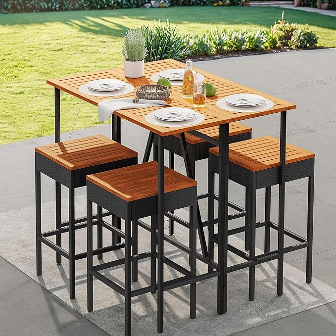 Devoko Patio Bar Set 5 Pieces Acacia Wood Patio High Top Bar Table and Stools Chairs Set Foldable Outdoor Bar Stools Set of 2 for Garden, Balcony