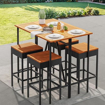 Devoko Patio Bar Set 5 Pieces Acacia Wood Patio High Top Bar Table and Stools Chairs Set Foldable Outdoor Bar Stools Set of 2 for Garden, Balcony