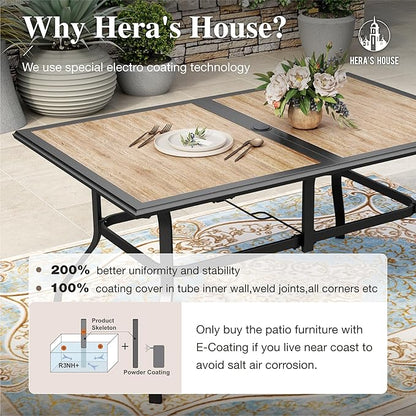 HERA'S HOUSE Patio Table and Chairs Set, 60" Rectangular Outdoor PVC Table with Umbrella Hole, 7 Pieces Outdoor Dining Furniture Sets with 6 Patio Chairs for Backyard Lawn Garden Porch(Blue)