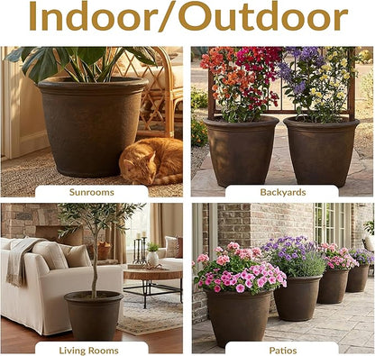 Sunnydaze 20-Inch Anjelica Large Plastic Pot for Plants - Outdoor Double-Walled Large Plastic Planter with Drillable Drainage Holes - Rust - 2pk