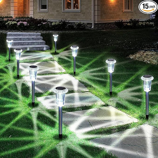 Eyrosa Solar Lights Outdoor, 15 Pack Waterproof Stainless Steel Solar Stake Lights for Pathway Garden Yard Path Walkway Driveway Lawn Patio Outside Decor, Cool White