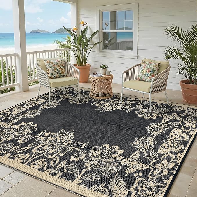 Garvee Outdoor Rugs 9’x12’ Waterproof Reversible Mats, Large Area Plastic Straw Rug, Outside Carpet, Butterfly Floral Rv Mat for Patio Camping Picnic Backyard Deck Balcony Porch Beach Trailer