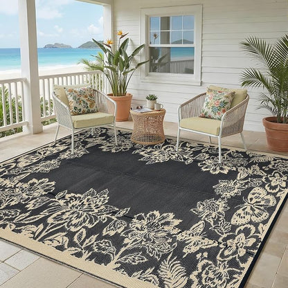 Garvee Outdoor Rugs 9’x12’ Waterproof Reversible Mats, Large Area Plastic Straw Rug, Outside Carpet, Butterfly Floral Rv Mat for Patio Camping Picnic Backyard Deck Balcony Porch Beach Trailer