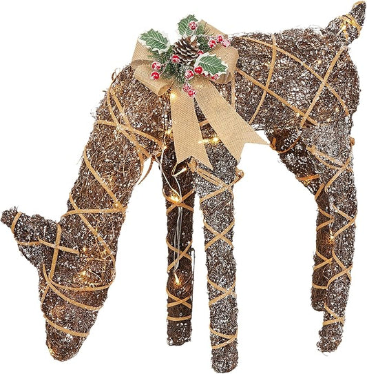 Alpine Corporation 29" Tall Natural Twig Wrapped Rattan Grazing Deer with Warm White LED Lights, Indoor/Outdoor Rustic Holiday Decoration, Brown