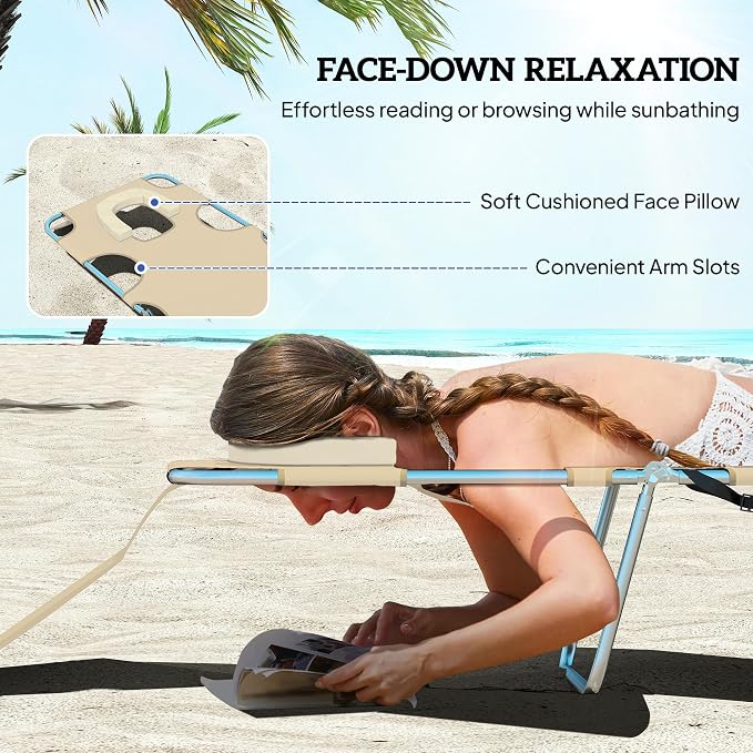 Outsunny Chaise Lounge Chair Outdoor with Face Arm Hole, 5-Position Reclining Face Down Tanning Chair with Carry Strap, Side Pocket, Portable Folding Bed Cot for Patio Beach Pool, Beige