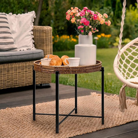 DINGTAI Brown Small Round End Table, 19in Rattan End Tables, Wicker Rattan Side Table, Round Sofa Side Table, Indoor Outdoor Side Tables for Patio, Living Room Bedroom Office