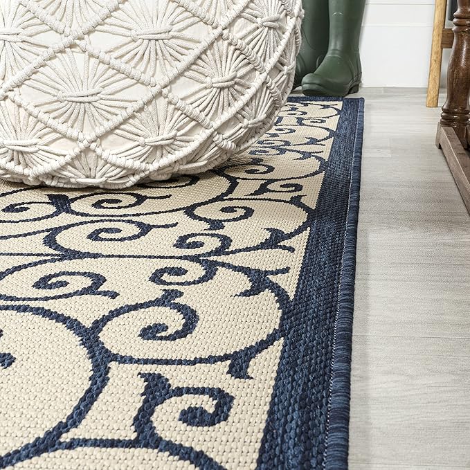 JONATHAN Y Vintage Filigree Indoor Outdoor Runner Rug 2X8 Navy/Beige, Madrid Textured Weave for Backyard, Patio, Porch, Easy-Cleaning, High Traffic, Pet-Friendly, Non-Shedding (SMB107G-28)
