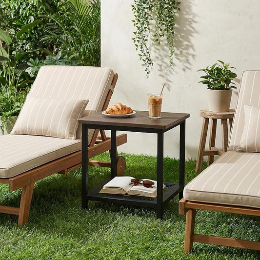 2-Tier Outdoor Side Table with Storage, Weather Resistant Patio End Table, HDPS Small Accent Table for Deck, Garden, Pool, Backyard, Brown