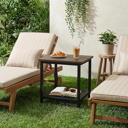 2-Tier Outdoor Side Table with Storage, Weather Resistant Patio End Table, HDPS Small Accent Table for Deck, Garden, Pool, Backyard, Brown 2pcs