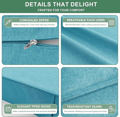 Summsun Faux Linen Outdoor Chair Cushions, Water Resistant Backrest and Seat Cushion Set with Removable Cover, Straps, Non-Slip Bottom for Patio Furniture, 19 x 19 Inch, Teal, Set of 4