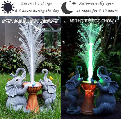 Elephant Statue Solar Garden Decor,Resin Elephant Statue and Colour Changing Optical Fiber Solar Lights,Outdoor Decor for Balcony, Garden, Patio, Yard, Lawn, Gifts for Mom Grandma
