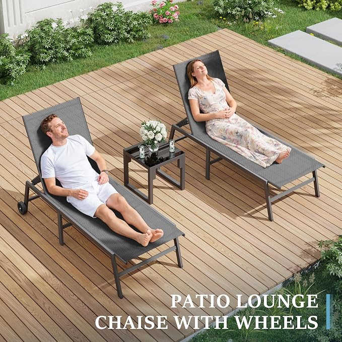UDPATIO 3 PCS Patio Lounge Chair Outdoor Chaise Lounges with Wheels & Side Table 5-Position Reclining Rust Free Patio Chairs for Poolside Backyard Garden Deck Beach