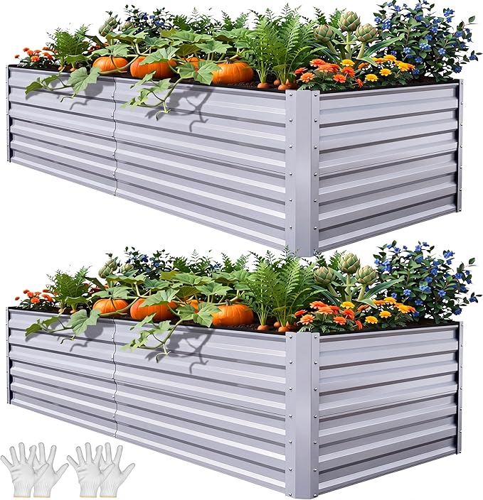 YITAHOME 8x4x2ft 2pcs Large Raised Garden Bed, Galvanized Metal Planter Box with Gloves, Ground Nails, Support Rod & Safety Rubber, Outdoor Above Ground Planters for Plants Vegetables Flowers, Silver