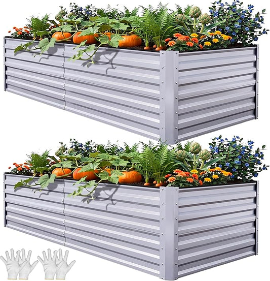 YITAHOME 8x4x2ft 2pcs Large Raised Garden Bed, Galvanized Metal Planter Box with Gloves, Ground Nails, Support Rod & Safety Rubber, Outdoor Above Ground Planters for Plants Vegetables Flowers, Silver
