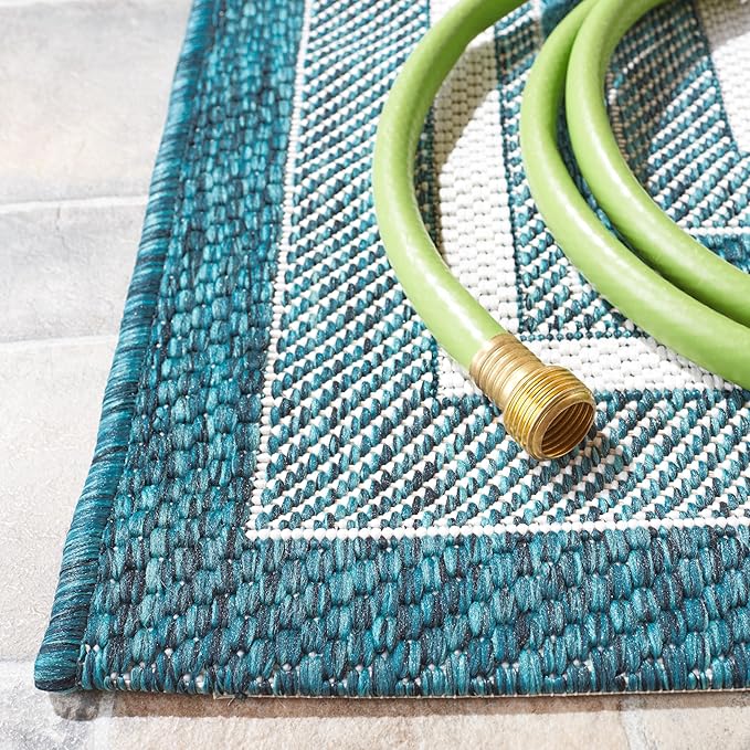 SAFAVIEH Washable Rug Outdoor Courtyard Collection - 2'3" x 6' Runner, Ivory & Teal, Non-Shedding & Easy Cleaning, Ideal for Patio, Entryway, Mudroom, Hallway, Kitchen (CY8475-53512)