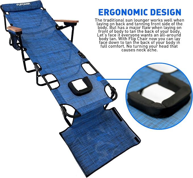 EASYGO PRODUCTS FLIP Face Down Tanning Chaise Lounge Chair with Face & Arm Holes - 4 Legs Support - Textilene Material - 6 Position - Arm Head Rest Pillow - Beach or Home Use
