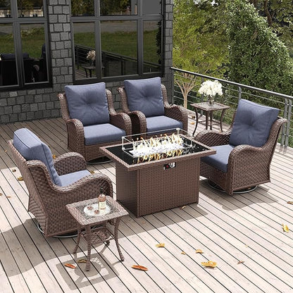 LayinSun 7 Pieces Outdoor Patio Furniture Set with Fire Pit Table, Rattan Wicker Swivel Rocker Chairs Sets with Swivel Glider Chairs and Coffee Table