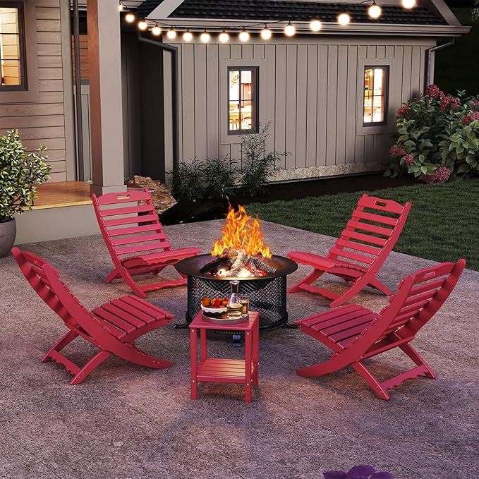 GREENVINES 3 Pieces Patio Furniture Set | Outdoor Bistro Sets for 2 | HDPE Plastic | Folding-Adirondack-Chairs-with-Side-Table | All Weather | Xavier Chair | for Porch Deck Poolside Backyard | Red