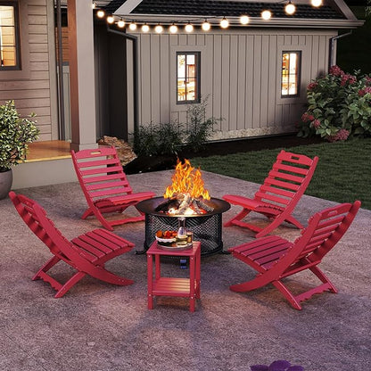 GREENVINES 3 Pieces Patio Furniture Set | Outdoor Bistro Sets for 2 | HDPE Plastic | Folding-Adirondack-Chairs-with-Side-Table | All Weather | Xavier Chair | for Porch Deck Poolside Backyard | Red