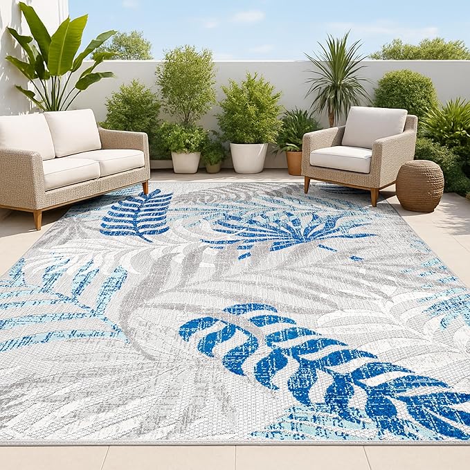 JONATHAN Y Tropics Palm Leaves Indoor Outdoor Area Rug 4X6 Gray/Blue, Boho for Backyard, Patio, Porch, Easy-Cleaning, High Traffic, Pet-Friendly, Non-Shedding (AMC100A-4)