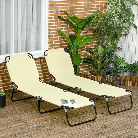 Outsunny 2 Pieces Folding Chaise Lounge Chair with 5-Level Back, Beige | Pool Sun Tanning Chairs, Breathable Mesh Seat, Headrest, for Pool, Beach, Yard, Patio, Outside