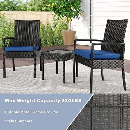 3 Piece Outdoor Patio Furniture Sets, Rattan Conversation Set with Soft Cushion, Wicker Chairs with Coffee Table for Yard Backyard Lawn Porch Poolside Balcony, Blue