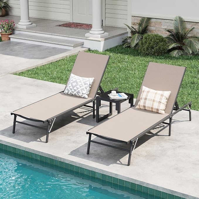 Amopatio Outdoor Lounge Chairs Poolside Chaise Lounge for Patio Set of 2 | with Side Table Foldable Stackble Fully Assembled Weather Resistant 5-Position Adjustable Backrest 400LBS Capacity