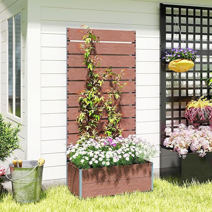 Outsunny Raised Garden Bed with Trellis for Climbing Plants, Planter Box with Self Draining Gap, Freestanding Trellis Planter for Outdoor, Patio, Deck, 28.25" x 15" x 59", Brown
