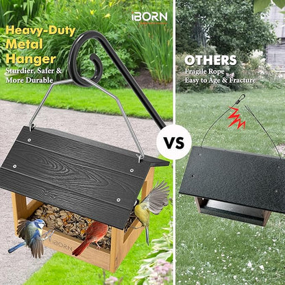 iBorn Pavilion Bird Feeder, Covered Platform Bird Feeder for Outdoors Hanging, WPC Recycled Plastic & Waterproof, Black