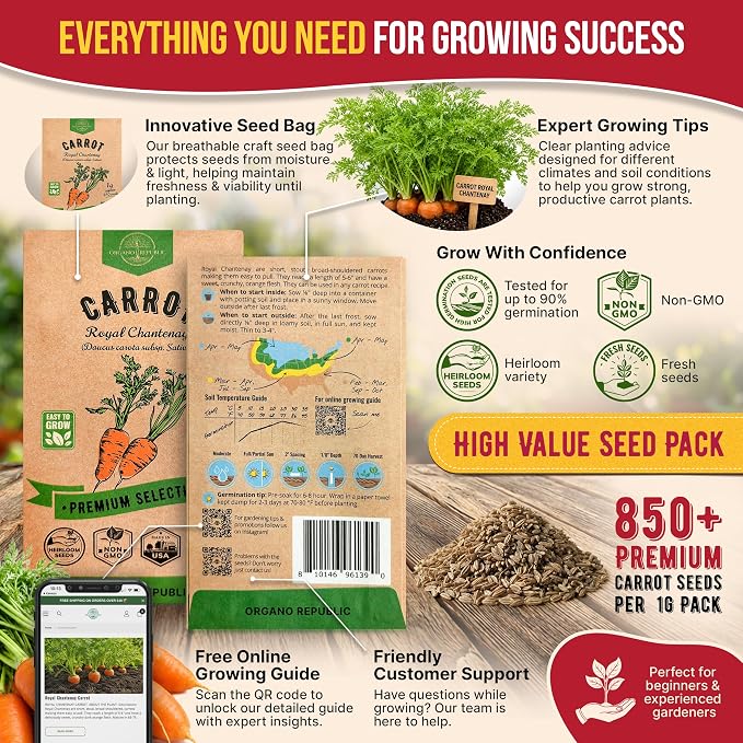 Organo Republic Carrot Royal Chantenay Seeds Pack 1G - Over 850 of Non-GMO Heirloom Carrot Seeds for Planting Vegetables in Individual Seed Packet, Vegetable Seeds for Planting Indoor & Outdoor Garden