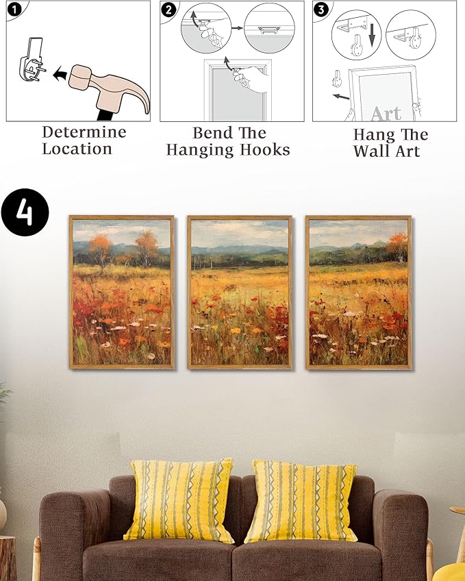 UPWOIGH Large Framed Canvas Wall Art, Set of 3 Gold Vintage Autumn Prints, 16x24 in Natural Cotton Posters with Wildflowers, Botanical Farmhouse Style for Living Room, Bedroom, Dining Room, Office