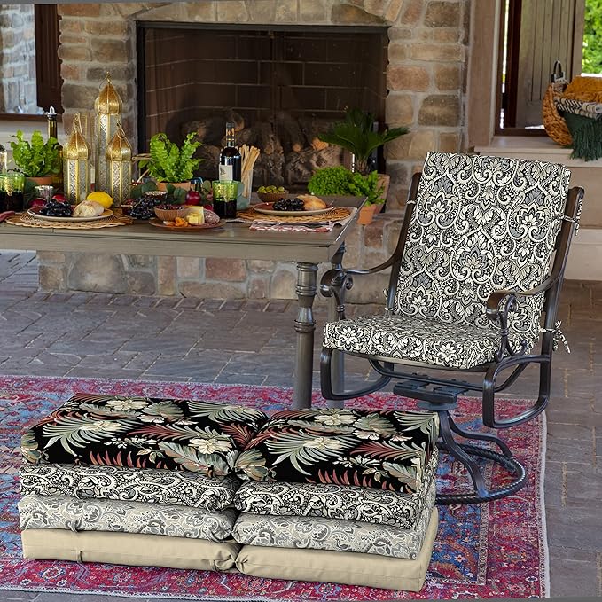 Arden 4-Pack Outdoor Patio Dining Chair Cushion, 20x44, Rain-Proof Seat Pad, Fade-Resistant Outdoor Cushion Black Aurora Damask
