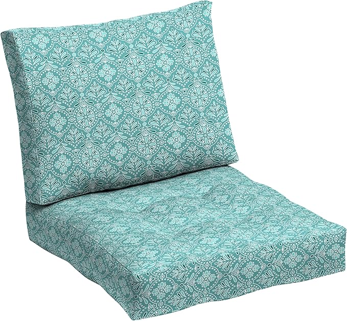 Arden Outdoor Plush Modern Tufted Blowfill Deep Seat Set, 24 x 24, Rain-Proof, Fade Resistant, Deep Seat Bottom and Back Cushion, Turquoise Daphne Medallion