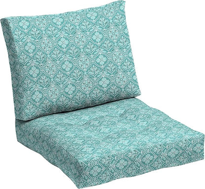 Arden Outdoor Plush Modern Tufted Blowfill Deep Seat Set, 24 x 24, Rain-Proof, Fade Resistant, Deep Seat Bottom and Back Cushion, Turquoise Daphne Medallion