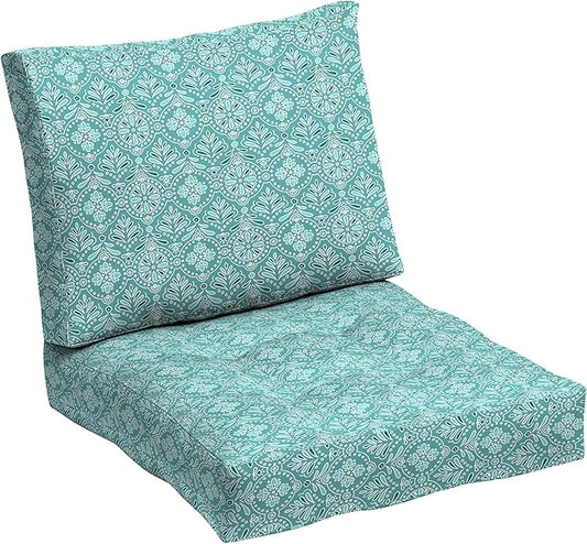 Arden Outdoor Plush Modern Tufted Blowfill Deep Seat Set, 24 x 24, Rain-Proof, Fade Resistant, Deep Seat Bottom and Back Cushion, Turquoise Daphne Medallion