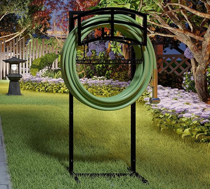 Fire Beauty Heavy-Duty Portable Garden Hose Holder with Storage Basket,120+ lbs Capacity, Holds 180ft 1/2" Hose,Dual Support Rods & Rustproof Screws,Modern Geometric Design