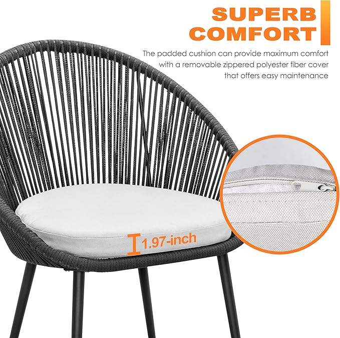 NUU GARDEN 3 Piece Outdoor Bistro Set, Woven Rope Conversation Patio Set, All Weather Patio Furniture Chairs and Table with Cushions for Garden, Deck, Backyard, Balcony, Porch, Dark Gray