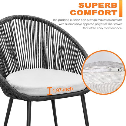 NUU GARDEN 3 Piece Outdoor Bistro Set, Woven Rope Conversation Patio Set, All Weather Patio Furniture Chairs and Table with Cushions for Garden, Deck, Backyard, Balcony, Porch, Dark Gray