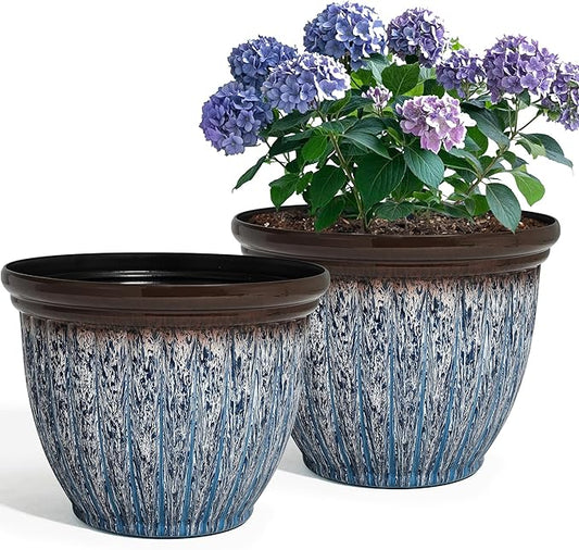 15" D Large Flower Pots, 2-Pack Big Planters for Indoor Outdoor Plants, UV-Protect PP Container for Garden Patio Yard Balcony Porch or Home Decor, Artistic Floating Blue & Brown Glaze