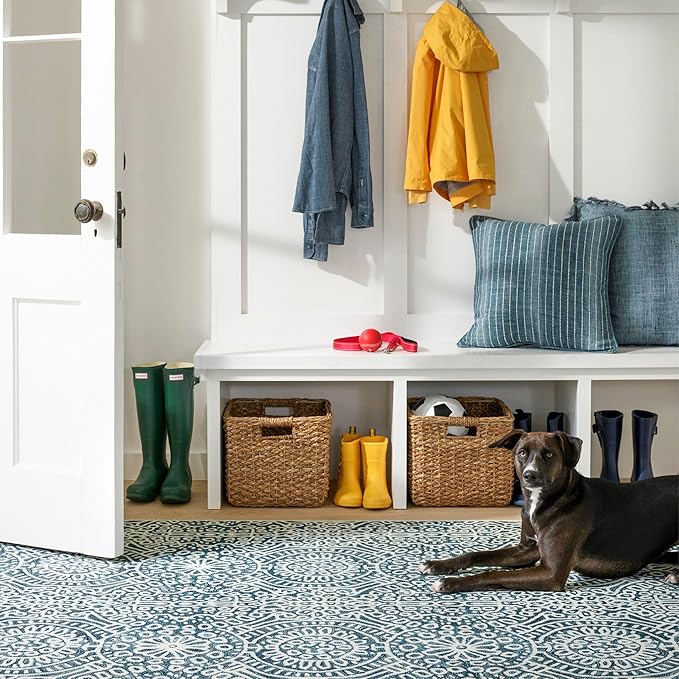 Dash and Albert Temple Ink Machine Washable Area Rug - 4' x 6' Blue - Geometric Accent Rug - Anti-Slip Backing, Lightweight, Machine Washable, High Traffic Areas Kitchen, Mudroom, Laundry Room